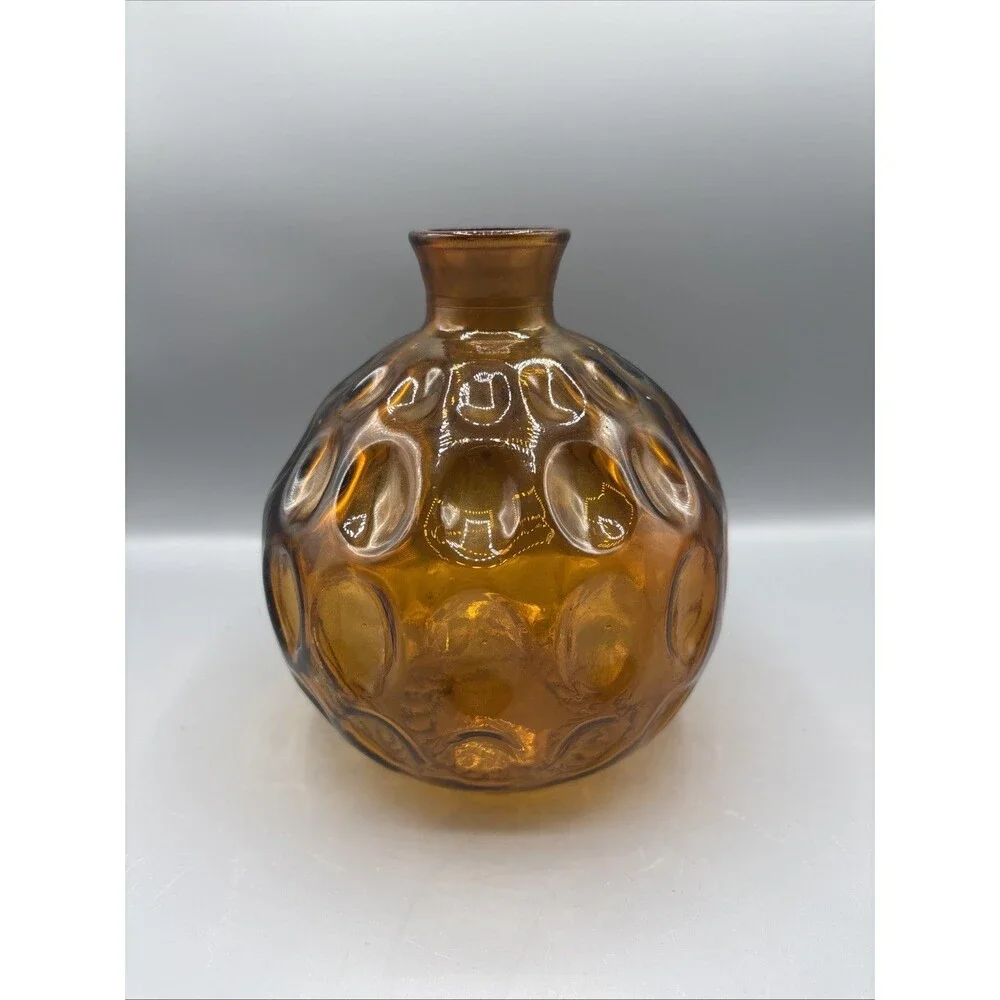 Amber Thumbprint Pressed Glass Round Vase Bohemian 70's Vtg Vidrios San Miguel